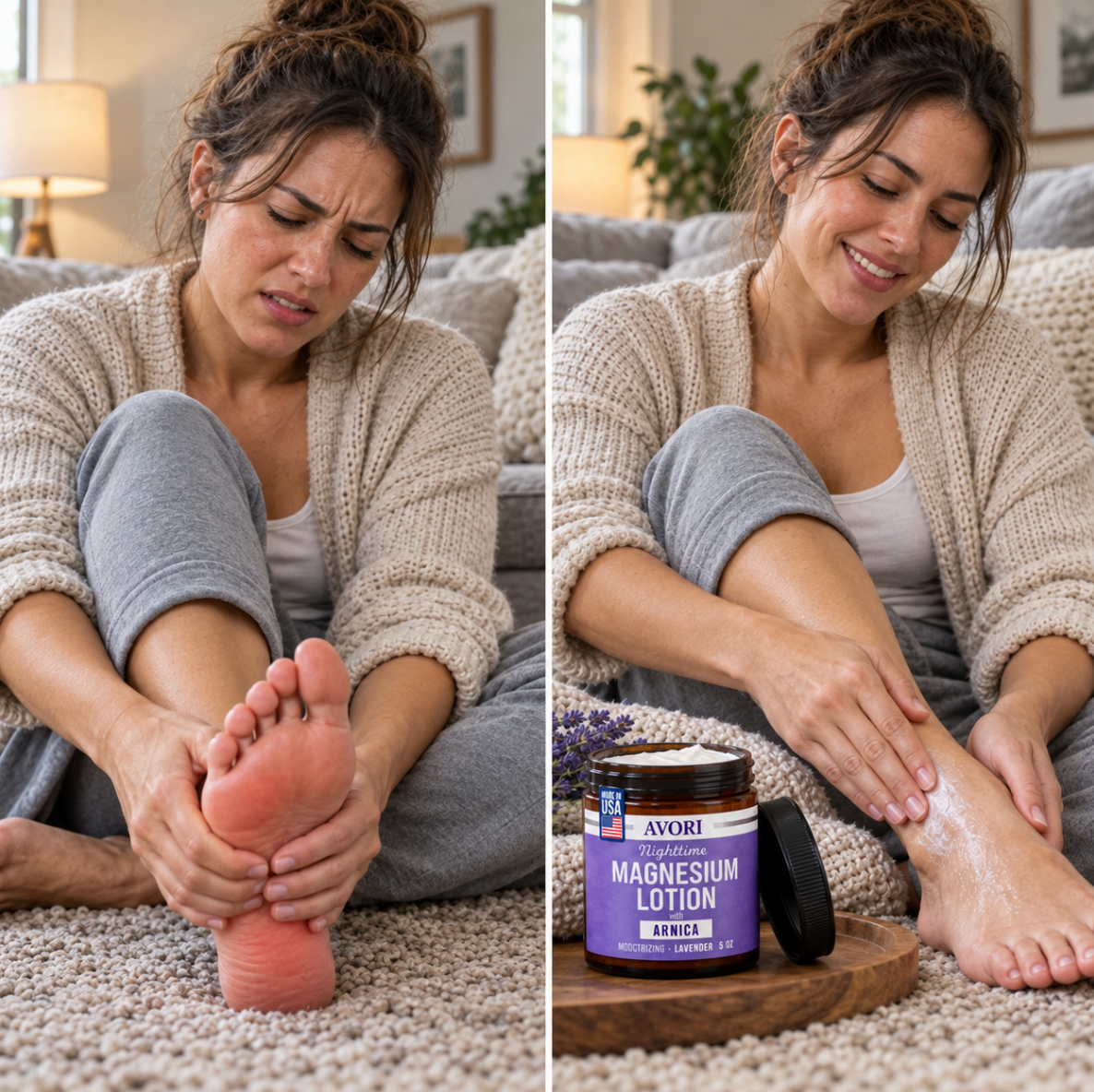Woman massaging SoleCalm™ Magnesium Lotion into her foot at home