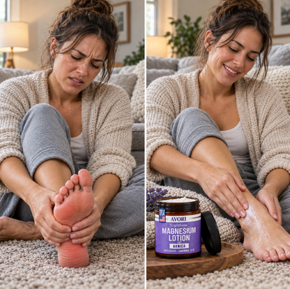 Woman massaging SoleCalm™ Magnesium Lotion into her foot at home